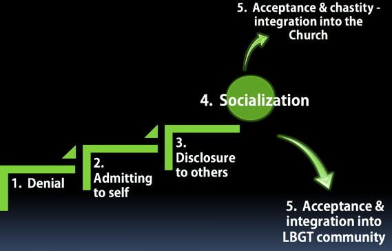 the 5 steps of coming out of gay denial towards chastity. Denial that one has same sex attractions., Admitting to self that one has same sex attractions. Disclosing to others who are supportive of chastity, that one has same sex attractions. Socialization with others who have same sex attactions who want to explore chastity.